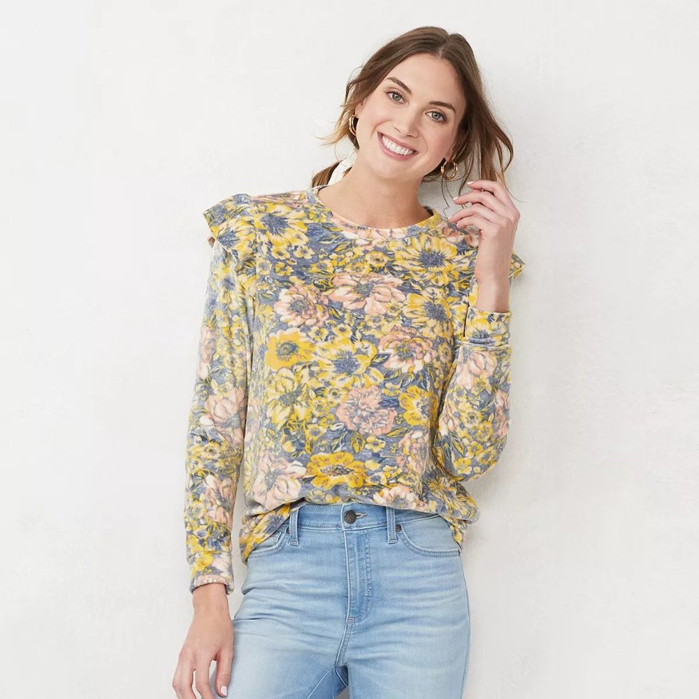 Hardly Worn Lauren Conrad Velour Ruffle Shoulder Sweatshirt in BEATRICE BLOOMS